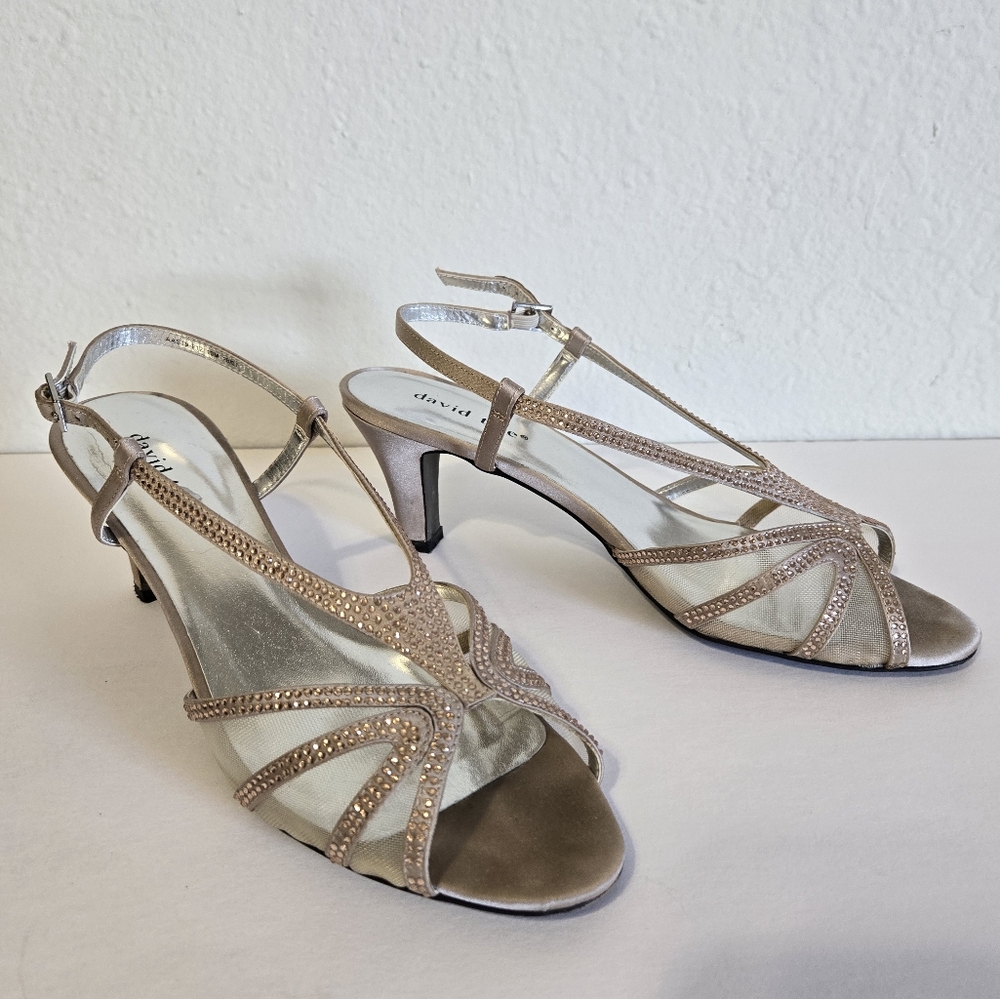 David Tate Nude/Champagne Rhinestone Slingback "Reveal" Sandal Heels